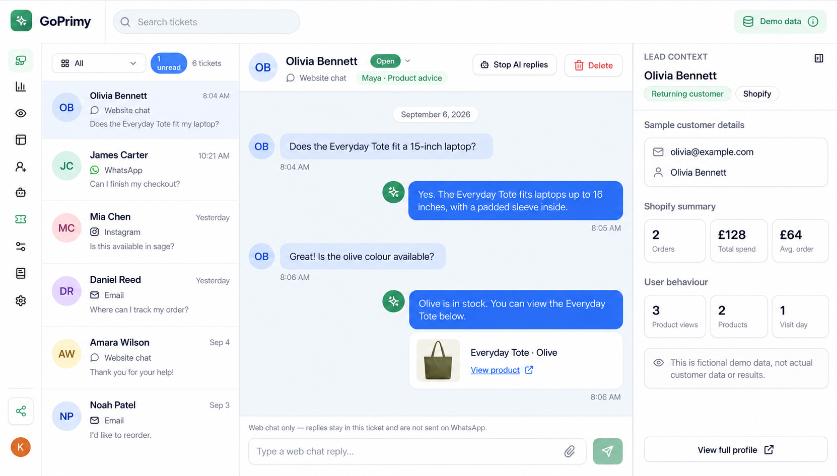GoPrimy inbox illustration with fictional demo conversations across four channels and sample Shopify customer details.